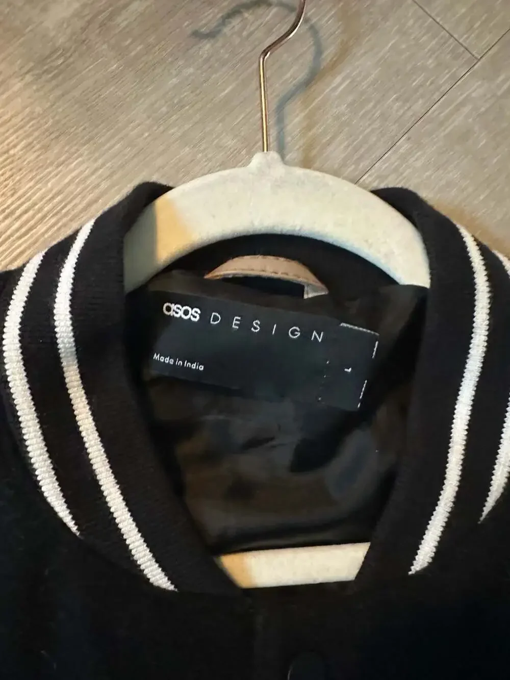 ASOS DESIGN Varsity Jacket with Patches and Faux Leather Sleeves